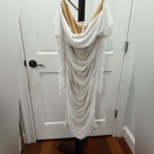 Fashion Nova Strapless White and Tan Draped Dress